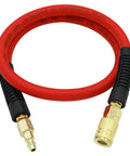 Lead In Air Hose 3/8 Inch By 3 Feet 300 PSI Heavy Duty Kink Resistant All Weather Flex With Bend Restrictors And 1/4 Inch Industrial Quick Coupler And Plug Red For Air Compressor To Reel Connection