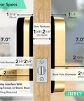 Door specifications diagram for Slick Built In Wifi Smart Door Lock With Handle And Keypad, showing dimensions and bore hole details.