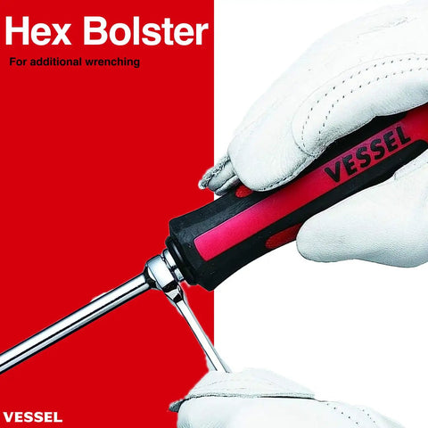Megadora Impacta Screwdriver Set, hand gripping red and black handle with a metal hex bolster for wrenching.