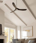 Slick Retro Ceiling Fan Featuring Solid Wood Blades Silent Dc Motor Wireless Remote Control And Warm Ambient Lighting in a cozy living room.