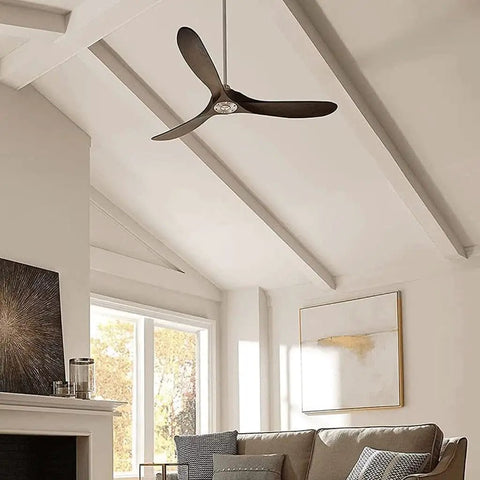Slick Retro Wooden Ceiling Fan With Built In Light And Wireless Remote, three wooden blades, ideal for living spaces and bedrooms.