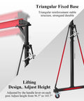 1 Ton Gantry Crane With Chain Hoist, Adjustable Height From Eight To Twelve Feet, 2200 LB Capacity, side view showing triangular fixed base and caster wheels.