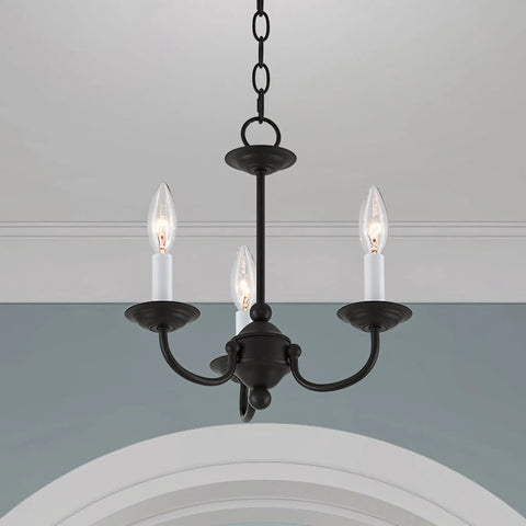 Three Light Black Mini Chandelier With Transitional Steel Design in ceiling setup, compact 14 by 14 inch for modern home decor
