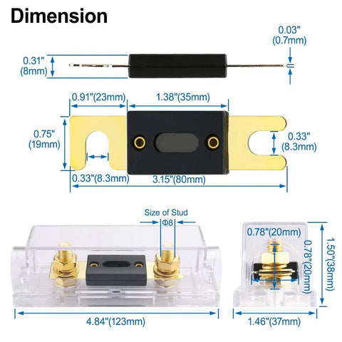 Tough As Nails Three Pack ANL Fuse Holder Kit Rated For 400 Amps Gold Plated Terminals with dimensions for car audio use.