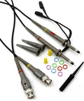 2 Pack 100 MHz Oscilloscope Clip Probes with Accessory Kit for Electronics Testing X1 X10 Attenuation, cables and colored rings visible