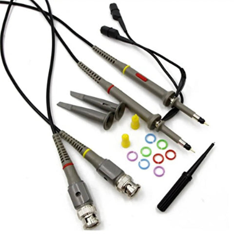 2 Pack 100 MHz Oscilloscope Clip Probes with Accessory Kit for Electronics Testing X1 X10 Attenuation, cables and colored rings visible
