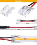 Dimensions of 10mm 2 Pin COB LED Strip Connector Kit with DC Female Input for seamless middle splice and jumper wire.