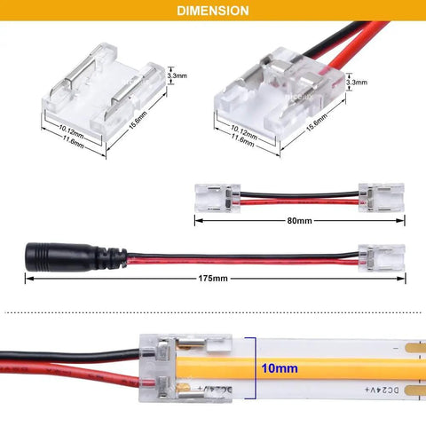 Dimensions of 10mm 2 Pin COB LED Strip Connector Kit with DC Female Input for seamless middle splice and jumper wire.