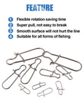 Pro Grade Stainless Steel Duo Lock Snaps With Smooth Swivels And Slide Rings For Fishing Lure Connectors, Tough Freshwater And Saltwater Gear, Assortment Kit, 40 To 220 Lb Test, shown with features.