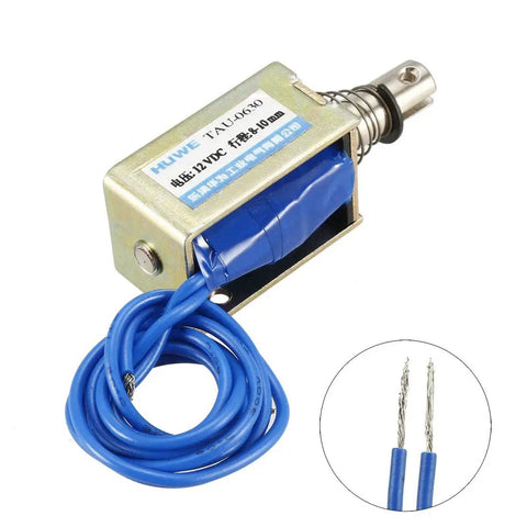 12V DC Pull Type Solenoid Electromagnet Open Frame Style With 8 To 10 Mm Stroke Linear Motion Plunger Spring Return No Fuss Installation DIY Automation Gear For Machinery Projects And Hobbies, blue wire leads