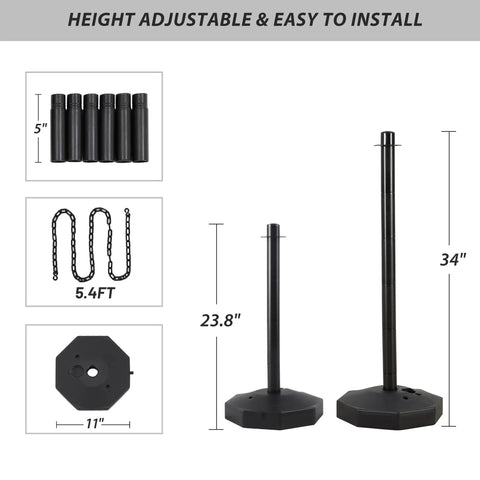 Six Pack Traffic Barricade Delineator Posts With Fillable Base for Crowd Control Adjustable Stanchions Dimensions