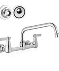 Rock Solid Wall Mount Kitchen Faucet With Swivel Spout And Dual Handles Crafted From Premium Lead Free Solid Brass Chrome Finish with adjustable wall mount.