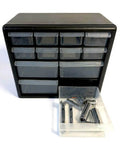 12-Drawer Parts Organizer In Black With Clear View Drawers, Wall Mountable For Easy Access To Small Hardware, Tools, And Craft Supplies, Keeps Tiny Parts Neatly Sorted With 8 Small Drawers And 4 Large Drawers.