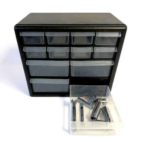 12-Drawer Parts Organizer In Black With Clear View Drawers, Wall Mountable For Easy Access To Small Hardware, Tools, And Craft Supplies, Keeps Tiny Parts Neatly Sorted With 8 Small Drawers And 4 Large Drawers.