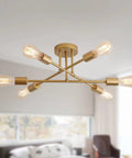 Gold Modern Sputnik Chandelier With Six Lights Dope Look Industrial Metal Semi Flush Mount Ceiling Light in living room