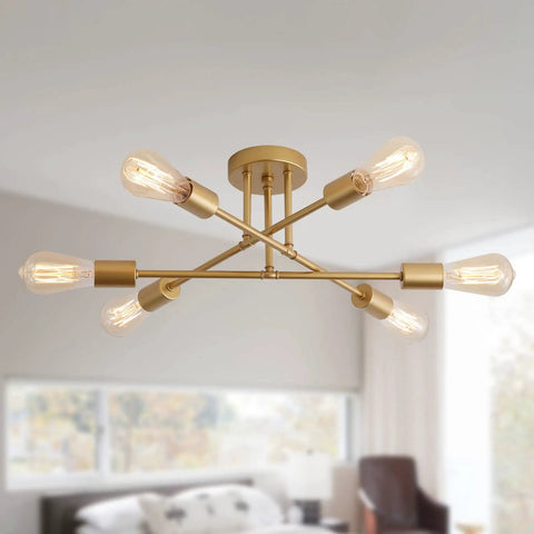 Gold Modern Sputnik Chandelier With Six Lights Dope Look Industrial Metal Semi Flush Mount Ceiling Light in living room