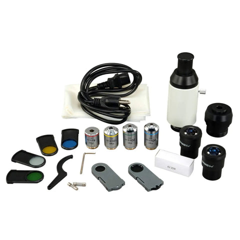 400X Plan Trinocular Inspection Microscope With Seidentopf Head, 360-Degree Rotatable, 30-Degree Tilt, Quintuple Nosepiece, Widefield EW10X-22 Eyepieces, 48-75mm Adjustable Interpupillary, Lab-Grade Microscope For Education And Electronics accessory kit with eyepieces, filters, and power cable