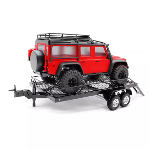 Badass Metal Cargo Trailer For 1/18 Scale Rc Crawlers Trx4m Scx24 Fc24 DIY upgrade kit with red RC vehicle loaded.
