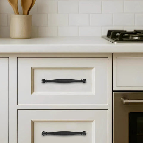 10 Pack Kick-Ass Black Cabinet Pulls With Real Deal Heavy-Duty Build And Super Smooth Finish Perfect For Dressers Bathrooms And Closets Featuring 5 Inch Hole Centers on white kitchen drawers.