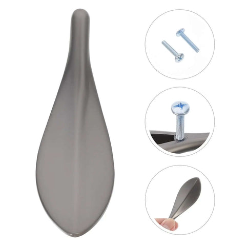 Dope Loquat Leaf Zinc Alloy Cabinet Pulls And Drawer Handles Set In Pearl Gray Finish details with screws and installation view