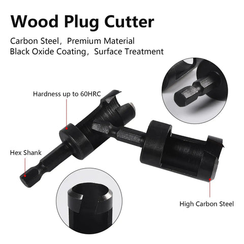 Heavy Duty Carbon Steel Wood Plug Cutter Drill Bit Set 8 Pack Hex Shank showing black oxide coated bits for precise cutting.