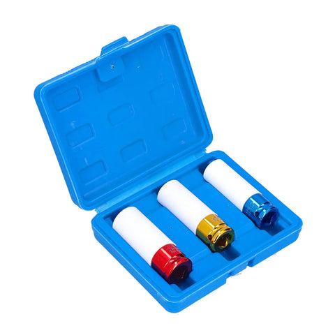 Heavy Duty 3 Piece Thin Wall Lug Nut Socket Set With Deep Wheel Protectors For 17 19 And 21 Mm Impact Removal Jobs On Any Car Or Truck, blue case