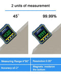 Killer Precision Digital Angle Gauge Featuring Rock Solid Magnetic Base And Crisp Backlit Display For Serious Woodworking Carpentry and DIY Garage Projects showing 45° and 99.99% accuracy display.