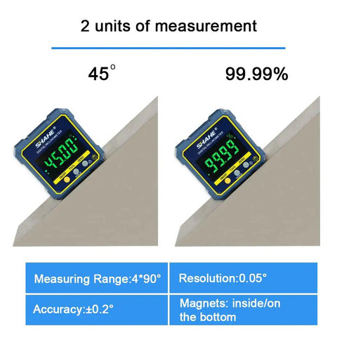 Killer Precision Digital Angle Gauge Featuring Rock Solid Magnetic Base And Crisp Backlit Display For Serious Woodworking Carpentry and DIY Garage Projects showing 45° and 99.99% accuracy display.