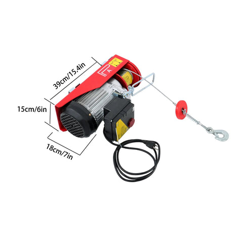 Front view of Timunr PA400 electric hoist with red housing, black motor, wire rope and hook, 110V power cord.
