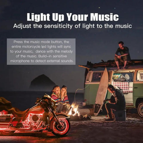Lit 8 Piece Motorcycle Underglow LED Light Kit With App Control Multicolor RGB Strips illuminating a parked bike at night