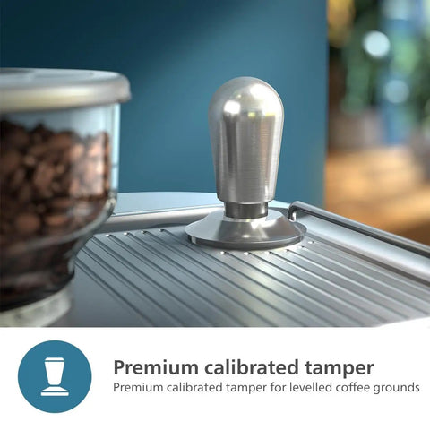 Top Shelf Semi Automatic Espresso Machine With Integrated Grinder And Dual Wall Baskets For Fresh Single Double Shots Plus Americano Brewing In Sleek Metal Silver With Calibrated Tamping Tool on kitchen counter with coffee beans.