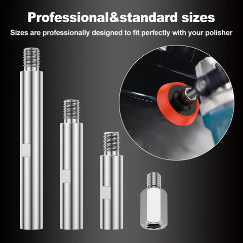 Beefy Three Piece Angle Grinder Extension Shaft Set With Rock Solid 5/8 To 11 Thread Fit, three metal shafts showing professional sizes.