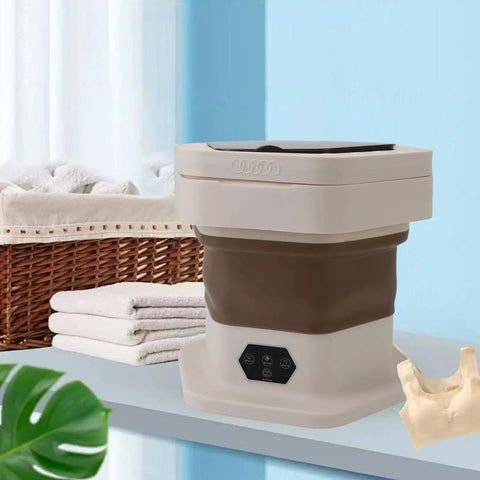No Sweat Portable Folding Mini Washer Featuring Quick Wash And Spin Cycle, 5.5 Pound Capacity, Slick Khaki Build displayed on a countertop.
