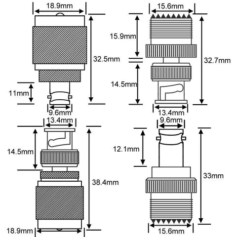 Technical diagram of 8 Piece BNC to UHF Adapter Kit PL259 SO239 To BNC Male Female Converters dimensions, Low Loss 50 Ohm RF Coax Connectors