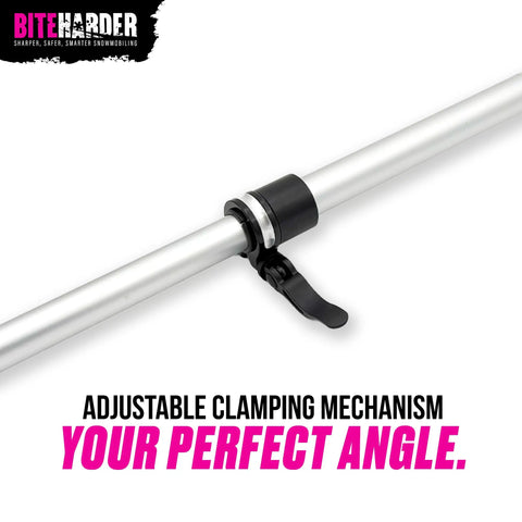 Close-up of adjustable clamping mechanism on Snowmobile Side Support Pole For Safe Track Service And Suspension Maintenance Easy Setup And Removal Stable Lift Tool For Quick Maintenance Tasks Sharpening Runners Studs Lubricating Suspension Inspecting Track