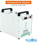 CW-3000 Water Chiller For Laser Engraving Machines, showing temperature display, portable design with handles, efficient cooling
