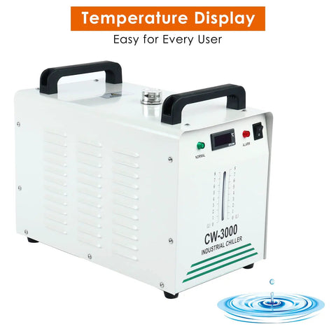 CW-3000 Water Chiller For Laser Engraving Machines, showing temperature display, portable design with handles, efficient cooling