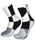 Unisex Black And White Piano Grid Thermal Crew Socks For Cold Snap Days And Breathable Moisture Wicking Winter Footwear.