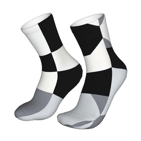 Unisex Black And White Piano Grid Thermal Crew Socks For Cold Snap Days And Breathable Moisture Wicking Winter Footwear.