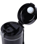 Portable Car Electric Kettle With Smart Temp Control Fits Standard Holders Great For Road Trips And Daily Grinds Brews Fresh Coffee Or Tea Right On Your Dash Reliable Gear For Modern Drivers Seeking Chill Vibes In Sleek Black Finish, open lid view revealing interior design.