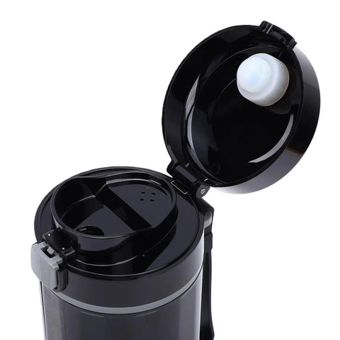 Portable Car Electric Kettle With Smart Temp Control Fits Standard Holders Great For Road Trips And Daily Grinds Brews Fresh Coffee Or Tea Right On Your Dash Reliable Gear For Modern Drivers Seeking Chill Vibes In Sleek Black Finish, open lid view revealing interior design.