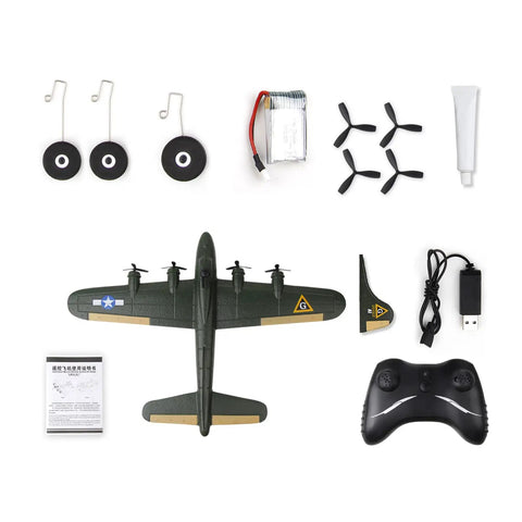 B-17 RC Plane Beginner Friendly Ready To Fly EPP Foam Glider With 2 Channel 2.4GHz Remote, parts and accessories layout