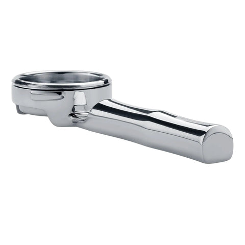 Heavy Hitter 58mm Bottomless Portafilter fits Breville Sage Espresso Maker, solid 304 stainless steel with lay flat handle.