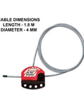 Adjustable Lockout Tagout Steel Cable Four Millimeter Diameter Six Foot Pull Tight With Integrated Hasp Black Red visible with dimensions