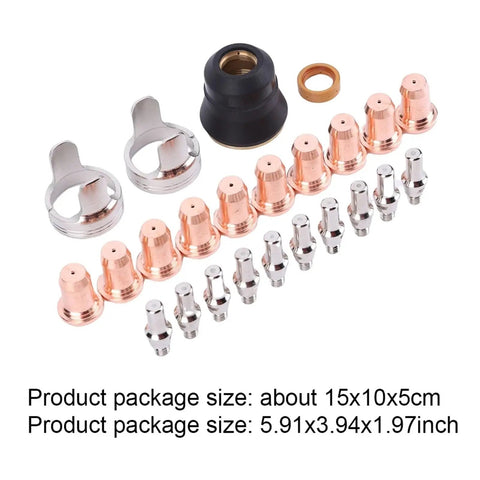 Top Tier 24 Pcs Plasma Cutter Consumables Set For Yeswelder Cut 55ds Pro And 65ds Torch Parts, including copper nozzles and ceramic parts.
