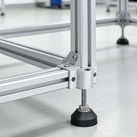 Aluminum frame with Six Pack M8 T Slot Leg Connectors Aluminum Corner Brackets For Profile Extrusion Caster Mounting Plates visible