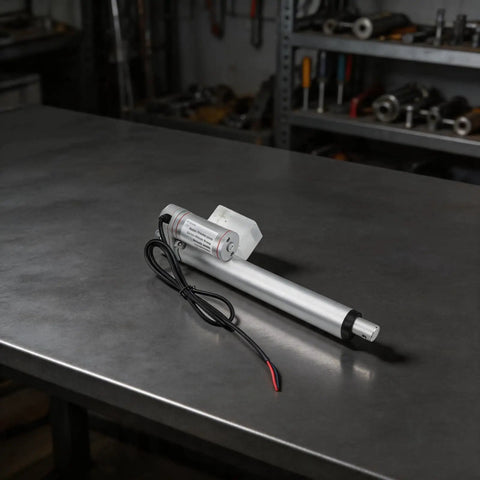 12V Electric Linear Actuator With Straight Push Pull Rod For Heavy Duty Industrial Automation And Sofa Lifts IP65 Waterproof on metal table.