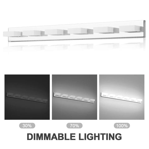 Dimmable 6 Light LED Vanity Fixture For Modern Bathroom Over Mirror showing dimming levels, sleek stainless steel with frosted acrylic