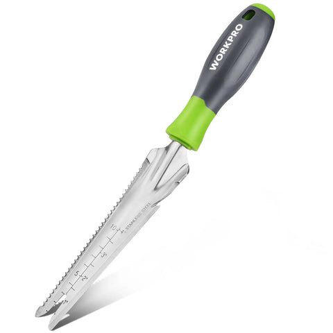 5-In-1 Garden Weeder Trowel With Soft Grip Handle, stainless steel hand tool for deep digging, shown with ergonomic grip