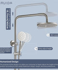Outdoor Shower Faucet Setup With SUS304 Stainless Steel Wall Mount Exposed Brushed Nickel Finish Single Handle 8 Inch Rainfall Showerhead And Handheld Spray Dual Function showing adjustable height feature.